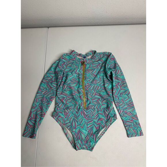 Tulle Girls Surf’s Up Swimsuit Front Zip Turquoise Pink Leaf Print Rare Size 6 - Picture 1 of 8